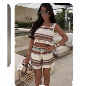 REBELLION Womens Sz Small Crochet Crop Tank Top Shorts Set Striped Boho Beachy